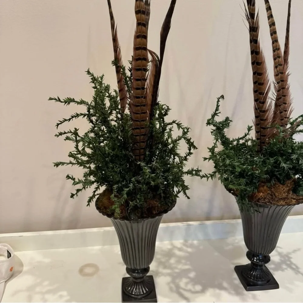 Set 2 Urns Pheasant Feathers Floral Arrangements Large Tabletop Decor Rustic